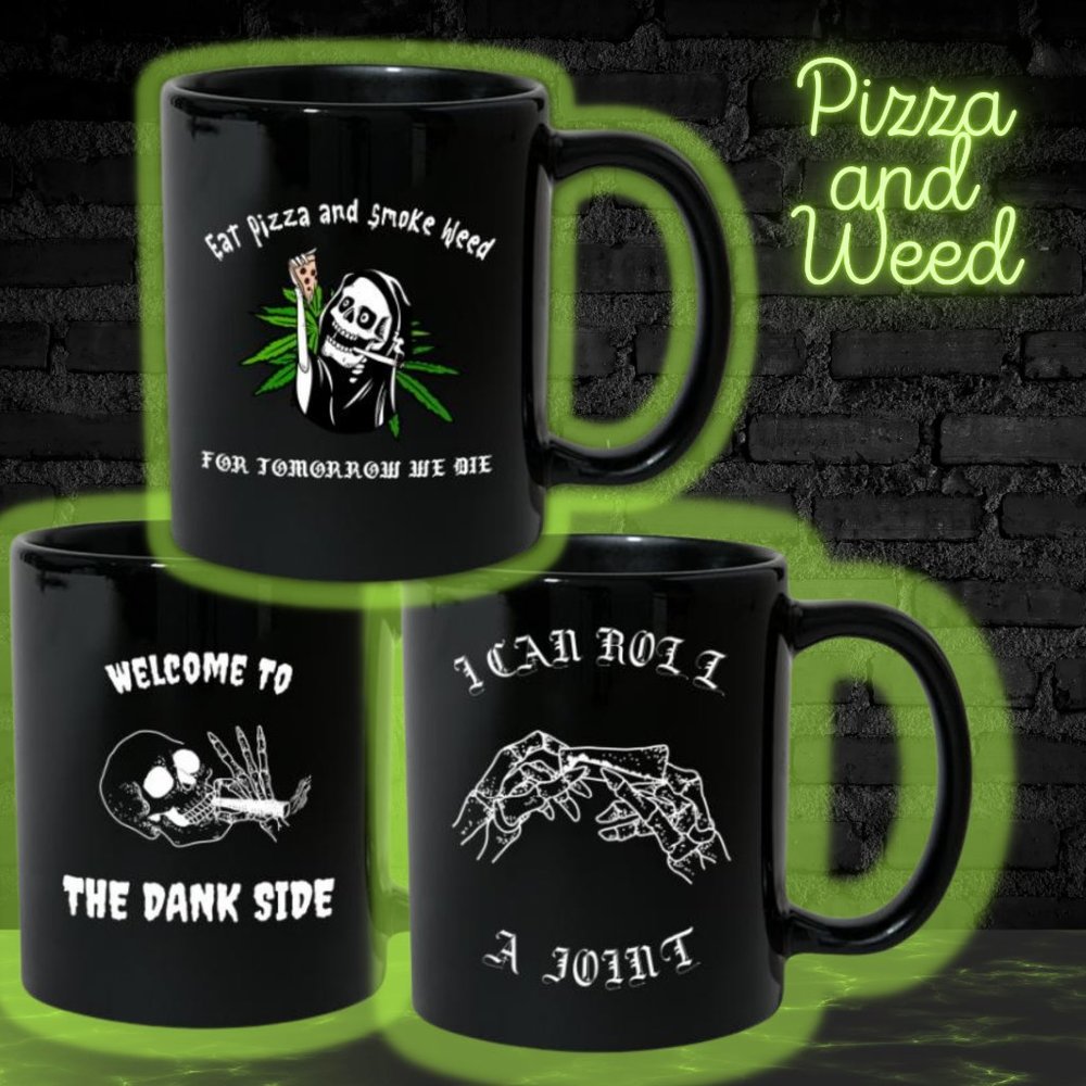 Pizza and weed coffee cup mugs for stoners make a great gift